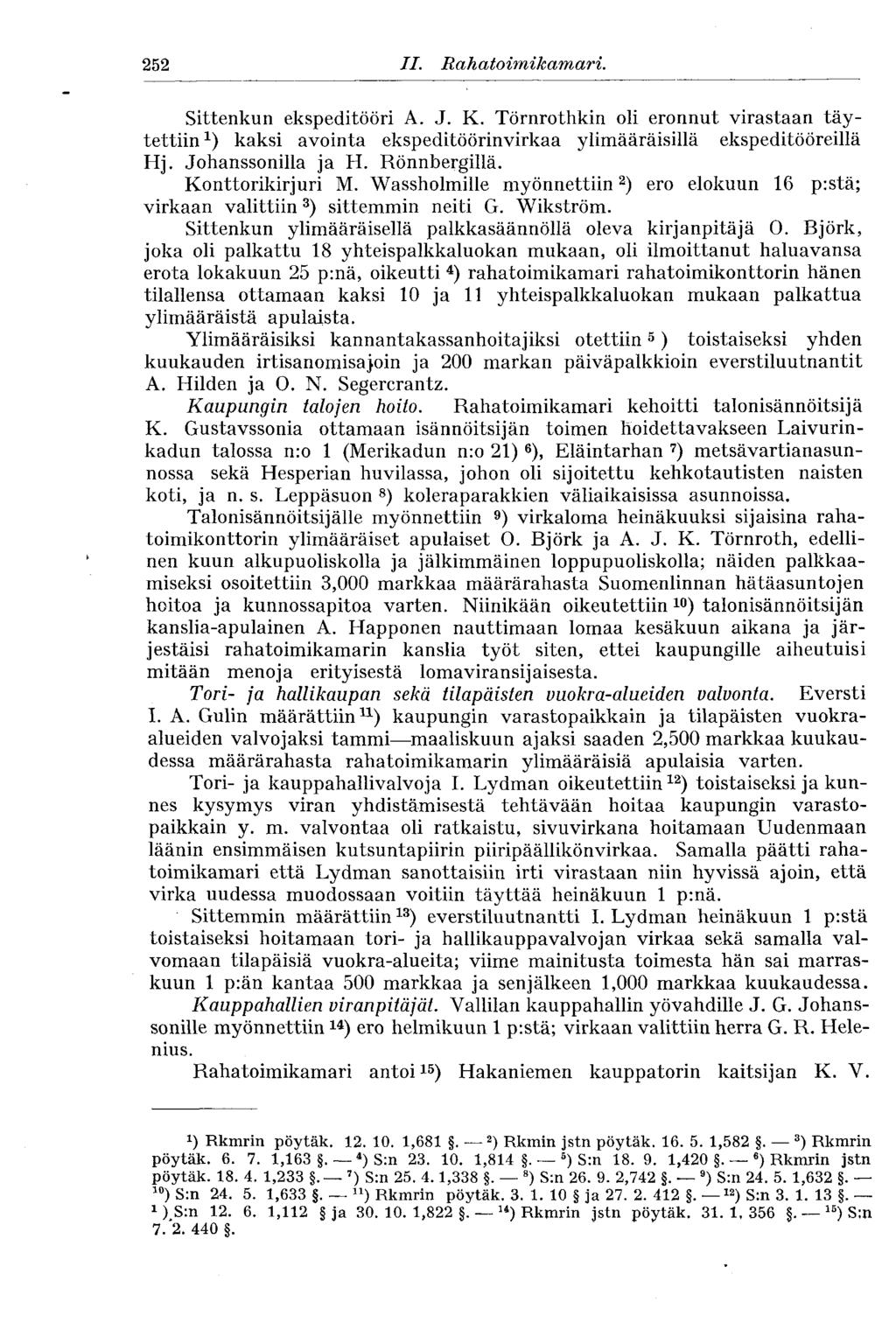252 II. Rahatoimikamari. Sittenkun ekspeditööri A. J. K. Törnrothkin oli eronnut virastaan täytettiin 1 ) kaksi avointa ekspeditöörinvirkaa ylimääräisillä ekspeditööreillä Hj. Johanssonilla ja H.