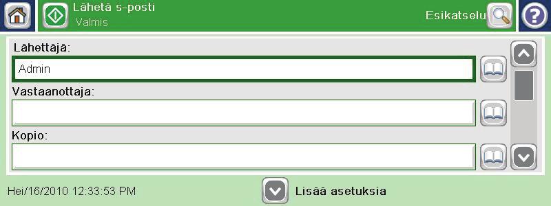 Skannatun asiakirjan lähettäminen yhteen tai useaan sähköpostiosoitteeseen 1. Aseta asiakirja skannaustasolle etupuoli alaspäin tai asiakirjansyöttölaitteeseen etupuoli ylöspäin. 2.