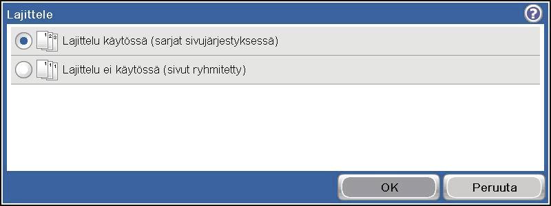 Kopiointityön lajitteleminen 1. Valitse aloitusnäytössä Kopioi -painike. 2. Kosketa Lajitteleminen- tai Nidonta/lajittelupainiketta.