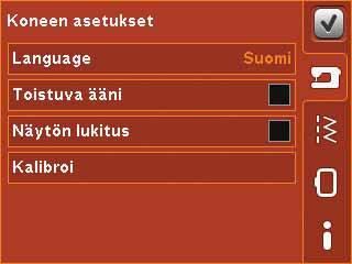 Asetukset-valikko Asetukset-valikossa voit muuttaa oletusasetuksia ja tehdä muutoksia koneen asetuksiin sekä ompelu-ja kirjonta-asetuksiin.