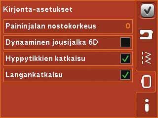 Kirjonta-asetukset Paininjalan nostokorkeus Säädä paininjalan nostokorkeutta kirjontatilassa, Käytä kuvakkeita + ja - kun haluat nostaa tai laskea paininjalan nostokorkeutta.