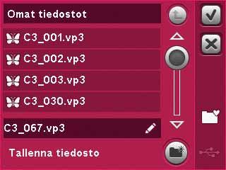 Toimintapalkki kirjonnan muokkaustilassa Näytön oikeassa reunassa on toimintapalkki, jossa voit tallentaa, zoomata, valita kehän, muokata kirjontatekstiä ja siirtyä kirjontatilaan.