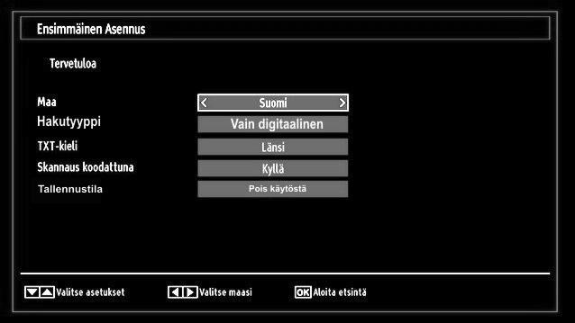 Painamalla tai painiketta valitse se Maa, jonka haluat asettaa ja paina painiketta hakutyyppi-option korostamiseksi. Käytä tai painiketta halutun hakutyypin asettamiseksi.