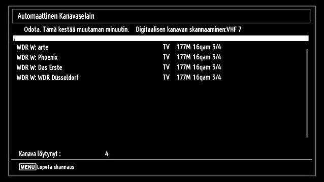 Tämän toiminnon jälkeen voit asettaa hakuaskeleeksi 8000 khz tai 1000 khz. Jos valitset 1000 khz, TV suorittaa tarkan haun. Hakuaika lisääntyy vastaavasti.