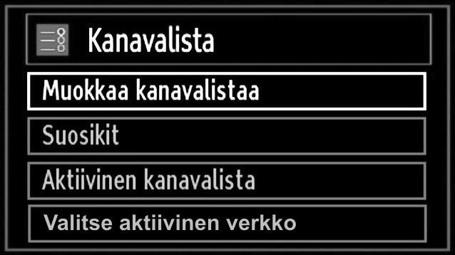 Analoginen manuaalihaku Kanavalistan käyttäminen Kun olet valinnut analogisen hakutyypin, voit käyttää / -painiketta kohdan valitsemiseksi ja painaa sitten tai -painiketta valinnan asettamiseksi.