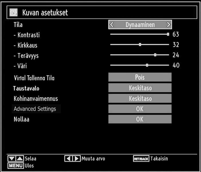 Kuva-asetusten konfigurointi Voit käyttää erilaisia kuvan asetuksia yksityiskohtaisesti. Paina MENU -painiketta ja valitse Kuva-kuvake tai -painiketta käyttämällä.