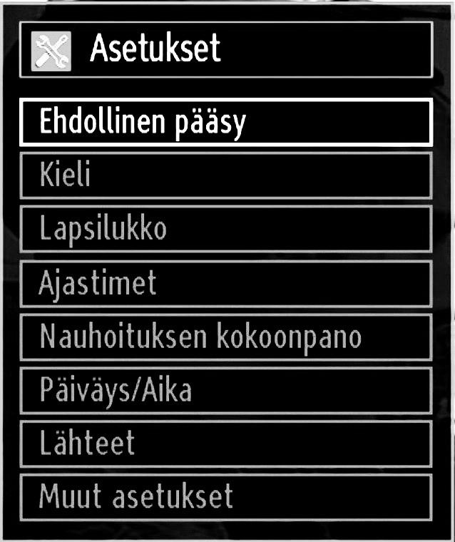 TV:n asetusten konfigurointi Yksityiskohtaiset asetukset voidaan konfiguroida henkilökohtaisten mieltymystesi mukaan. Paina VALIKKO-painiketta ja valitse Asetuksetkuvake tai -painiketta käyttämällä.