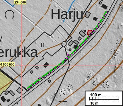 Tutkittu linjaosuus on merkattu vihreällä viivalla.