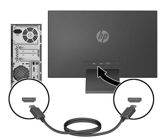 HDMI-kaapeli on toimitettu näytön mukana. Liitä toimitettu HDMI-kaapeli näytön takana olevaan HDMI-liittimeen ja toinen pää lähdelaitteeseen.