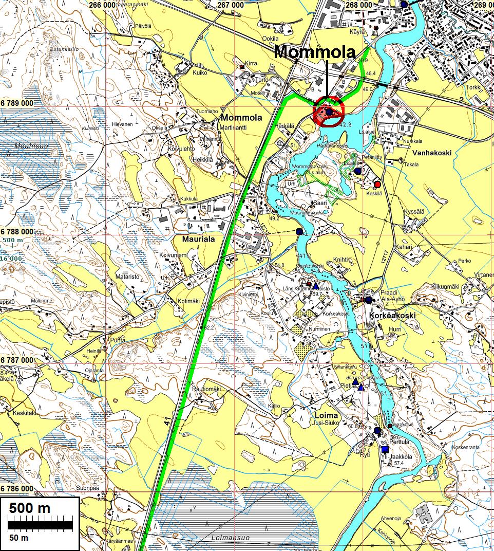 Viemärilinja kulkee Mommolan kylätontin (muinaisjäännös) pohjoispuolitse alueella joka jo varsin rakennettua ja selvästi