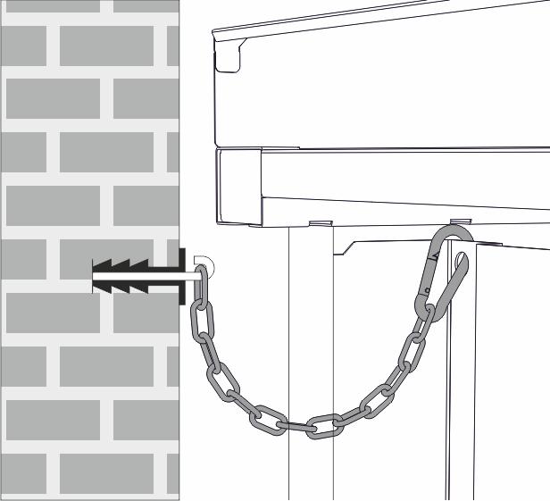 Asennus 4. Kiinnitä ketjun pää tulppaan edellä seinään kiinnitetyllä koukulla. 5. Kiinnitä sulkurengas lopuksi laitteen taakse asetettuun aukkoon.
