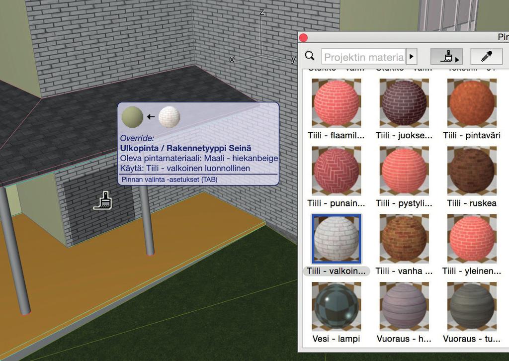 3D-ikkunassa: Kohde-elementit korostuvat. Elementin pinta vaihtuu väliaikaisesti esikatseluksi siitä, miten se muuttuisi.
