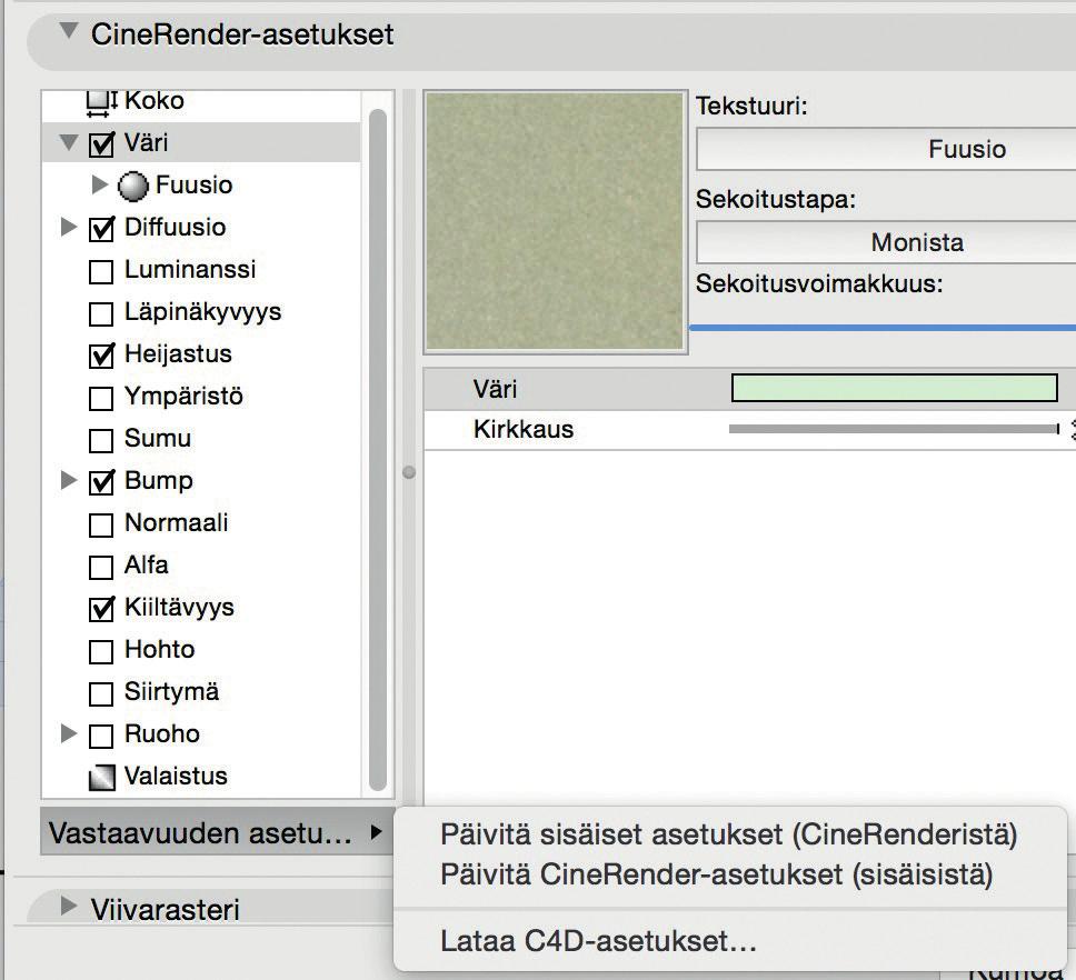 UO. 30 Vastaavuuden asetukset -valikon kaksi vaihtoehtoa on nimetty uudestaan selkeyden vuoksi: Päivitä sisäiset asetukset (CineRenderistä) ja Päivitä CineRender-asetukset (sisäisistä). 8.