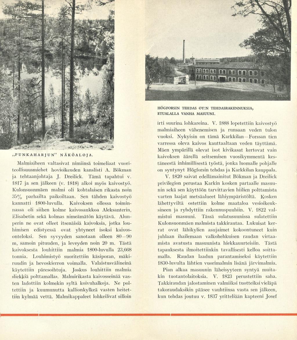 ,,PUNKAHARJUN" NÄKÖALOJA Malmiaiheen valtasivat nimiinsä toimeliaat vuoriteollisuusmiehet hovioikeuden kanslisti A. Bökman ja tehtaanjohtaja 1. Dreiliek. Tämä tapahtui v. 1817 ja sen jälkeen (v.