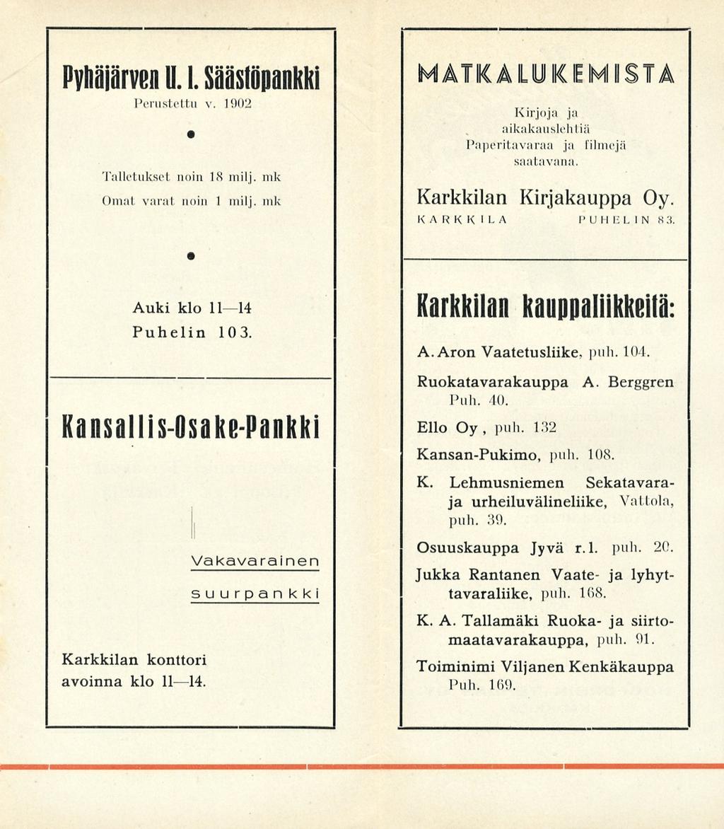 Pyhäjärven v. 1. Säästöpankki Perustettu v. 1902 Talletukset noin 18 milj. mk Omat varat noin 1 milj. mk MATKALUKEMISTA Kirjoja ju aikakauslehtiä Paperitavaraa ja filmejä saatavana.