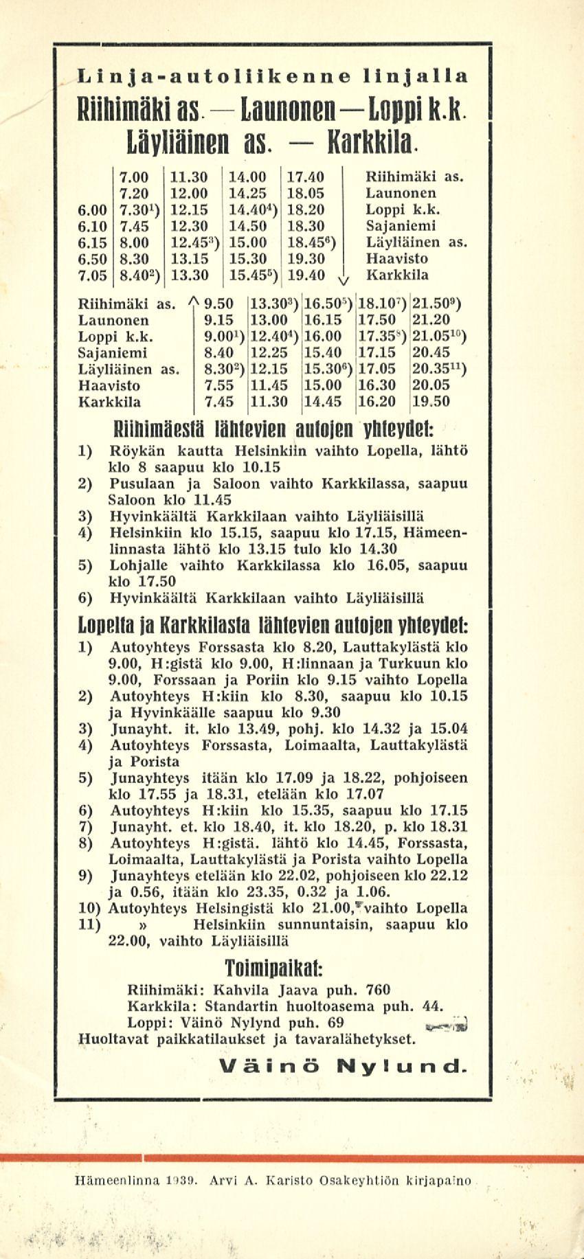 Lanannen Linja-autoliikenne linjalla Riihimäki as - Loppi k.k Läyliäinen as. Karkkila. 7.00 11.30 14.00 17.40 Riihimäki as. 7.20 12.00 14.25 18.05 Launonen 6.00 7.30 1 ) 12.15 14.40 4 ) 18.20 Loppi k.