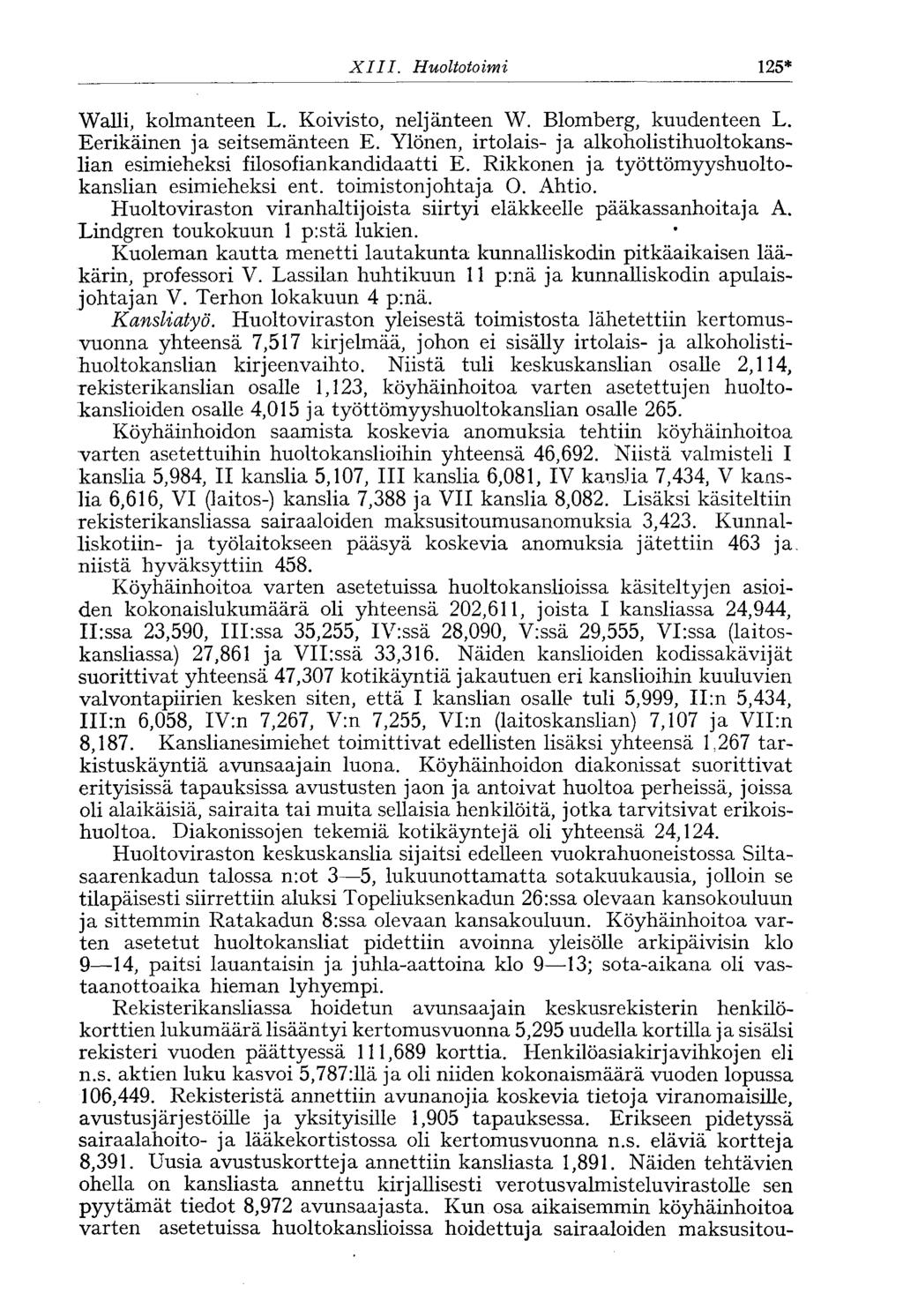 XIII. Huoltotoimi 125* Walli, kolmanteen L. Koivisto, neljänteen W. Blomberg, kuudenteen L. Eerikäinen ja seitsemänteen E.