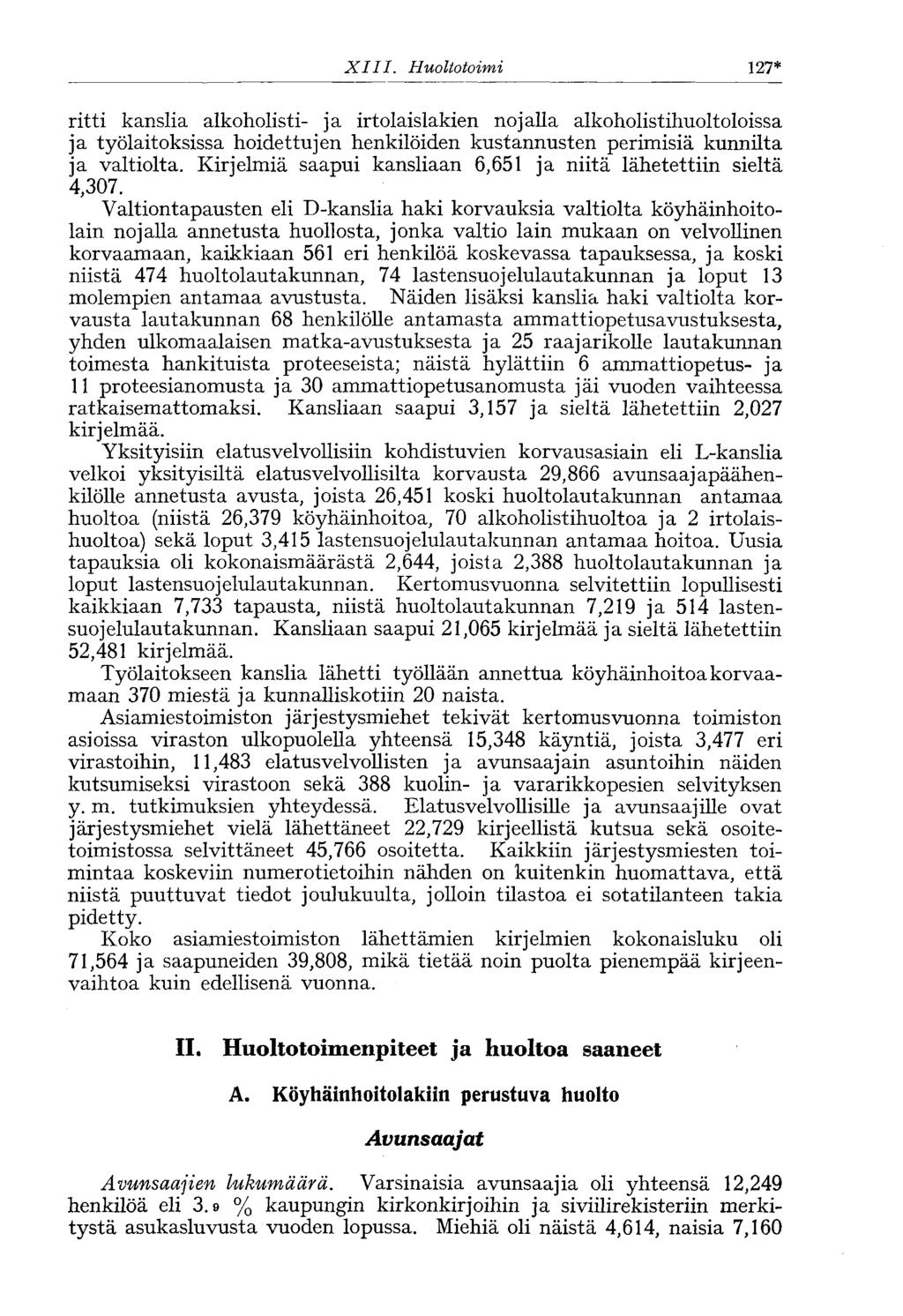 XIII. Huoltotoimi 127* ritti kanslia alkoholisti- ja irtolaislakien nojalla alkoholistihuoltoloissa ja työlaitoksissa hoidettujen henkilöiden kustannusten perimisiä kunnilta ja valtiolta.
