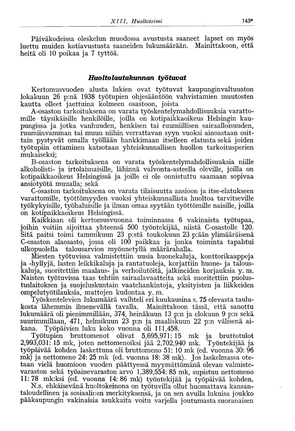 XIII. Huoltotoimi 143* Päiväkodeissa oleskelun muodossa avustusta saaneet lapset on myös luettu muiden kotiavustusta saaneiden lukumäärään. Mainittakoon, että heitä oli 10 poikaa ja 7 tyttöä.