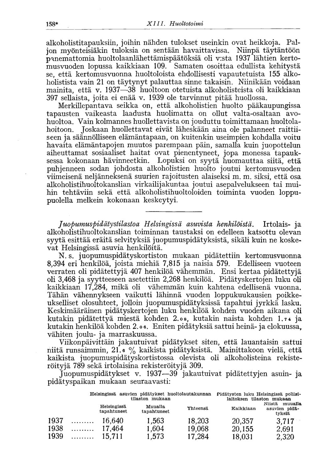 158* XIII. Huoltotoimi alkoholistitapauksiin, joihin nähden tulokset useinkin ovat heikkoja. Paljon myönteisiäkin tuloksia on sentään havaittavissa.