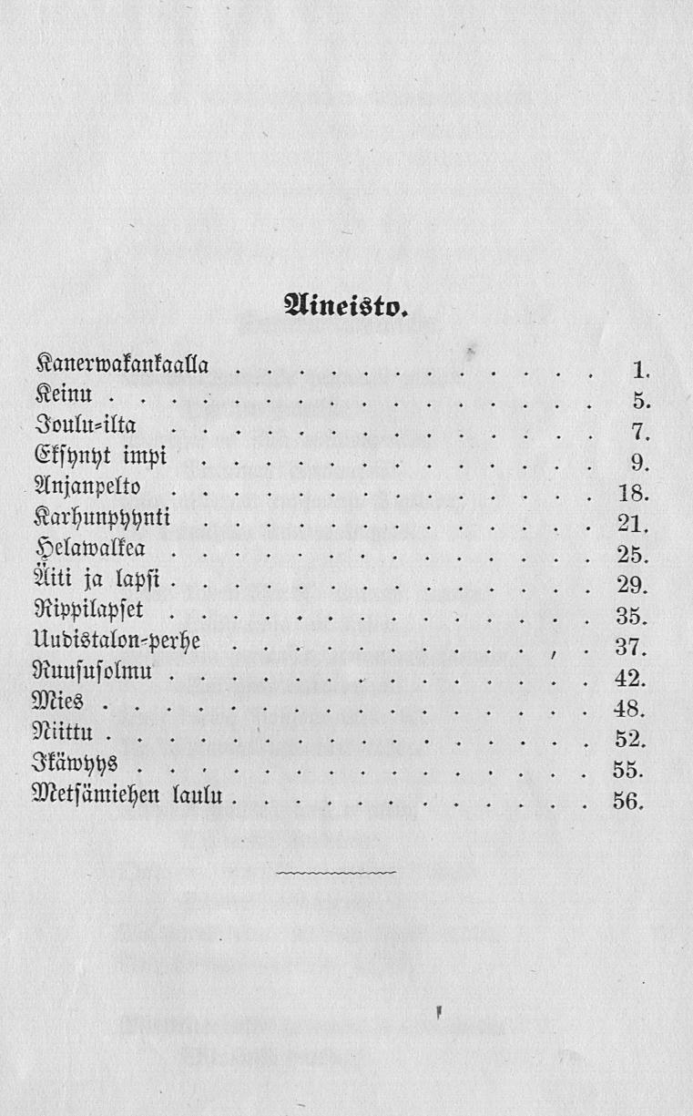 Aineisto. Kanerwakankaalla 1. Keinu 5. Joulu-ilta 7. Eksynyt impi 9. Anjanpelto Karhunpyynti 21. Helawalkea 25.