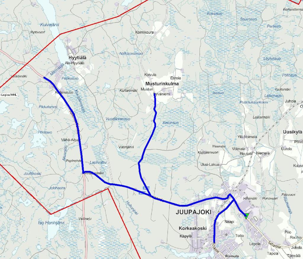 6 Kohteen 4 Hyytiälän reitti Kauimmaiset oppilaat asuvat Hyytiäläntiellä Reittiin sisältyy myös pistot Syväniementielle ja Koskitielle. Reitin enimmäispituus on 19 km/lähtö.