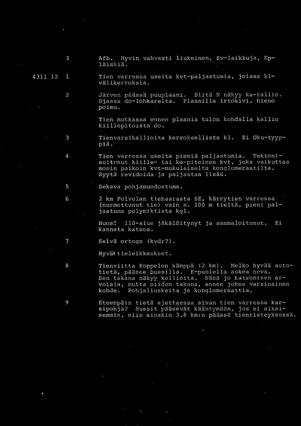 6 Tien varressa useita p i eni ä paljastumia. Tektonis o i tunut kiille- tai ka- pitoinen kvt, joka vaikuttaa moni n paikoin kvt- mukul a i selta konglomeraatilta.