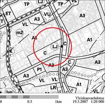 Yleiskaavaehdotuksessa (Kh 19.3.2007) alue on keskustatoimintojen aluetta C.