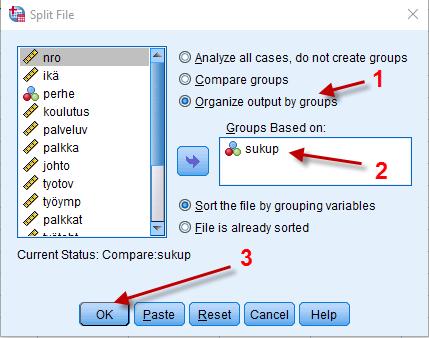 4 Tilastollinen päättely Esimerkki 2. Ryhmien käsittely erikseen 1. Avataan http://users.metropolia.fi/~pasitr/opas/ran17a/data1.sav. 2. Valitaan Data - Split File, jolloin avautuu valintaikkuna Split File (kuva 7).