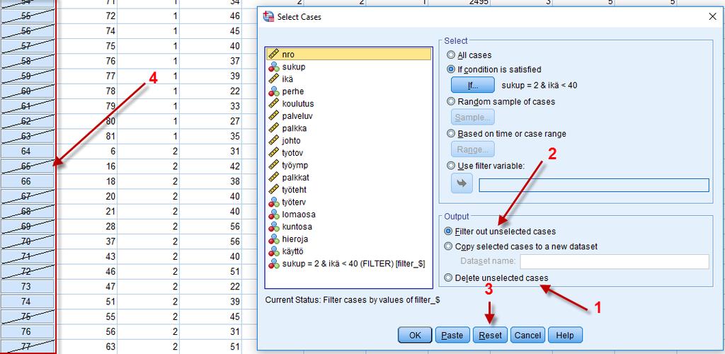 1) tai suodatettaviksi tilapäisesti pois vaihtoehdolla Filter out unselected cases (kuva 14, kohta 2), joka on oletus.