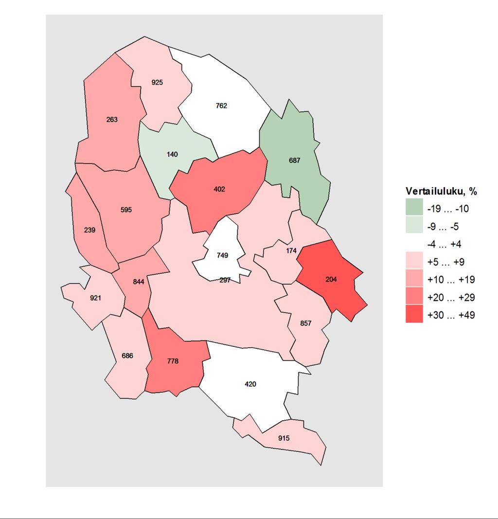 Kartta 1. Vammojen ja myrkytysten aiheuttamat hoitojaksot alueen kunnissa vuosina 2011 2015, vertailutiedot koko maan tilanteeseen. Kartta: Maanmittauslaitoksen Yleiskartta 1:4 500 000, 2011.