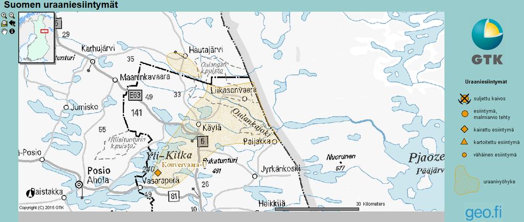 Kuusamon uraanivyöhyke Kuvakaappaus GTKn sivultahttp://geomaps2.gtk.