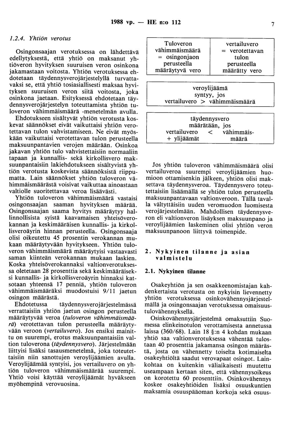 1988 vp. - HE n:o 112 7 1.2.4. Yhtiön verotus Osingonsaajan verotuksessa on lähdettävä edellytyksestä, että yhtiö on maksanut yhtiöveron hyvityksen suuruisen veron osinkona jakamastaan voitosta.