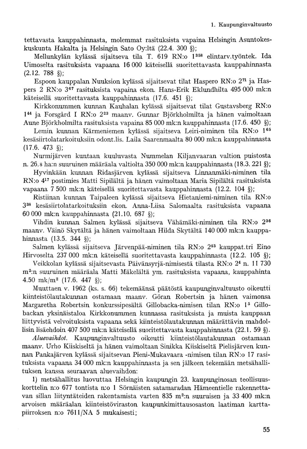tettavasta kauppahinnasta, molemmat rasituksista vapaina Helsingin Asuntokeskuskunta Hakalta ja Helsingin Sato Oy.itä (22.4. 300 ); Mellunkylän kylässä sijaitseva tila T. 619 RN:o l 358 elintarv.