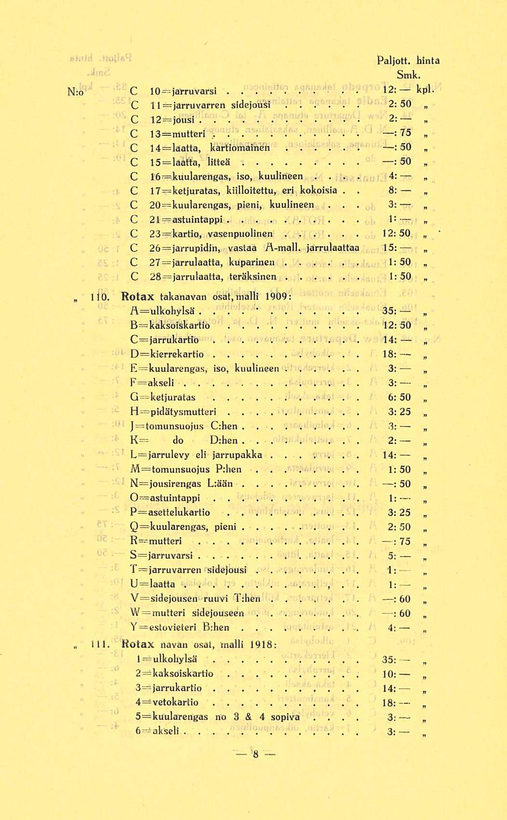 4: 3: 3: ' N;o C 10=jarruvarsi Paljott hinta Smk 12: kpl : 50 50 C 1l=jarruvarren sidejousi 2: C 12=jousi 2: C 13=mutteri : 75 C 14=laatta kartiomainen : 50 C 15=laatta litteä C 16=kuularengas iso