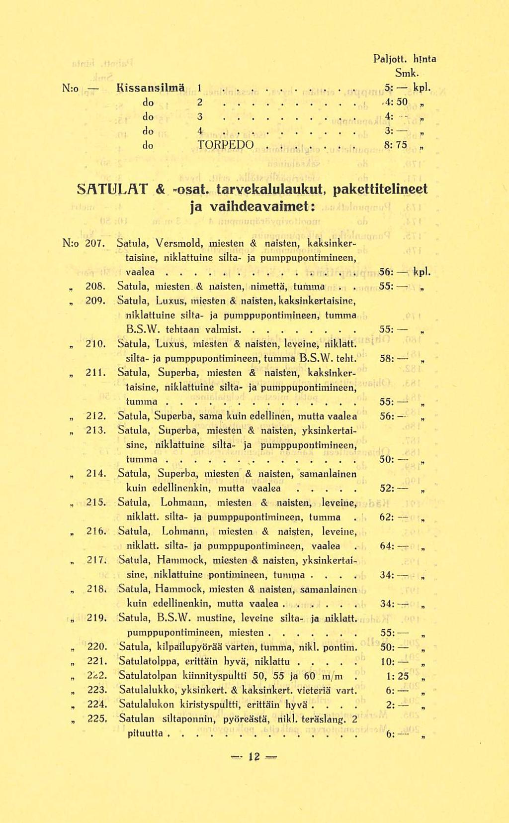 214 _ 215 216 217 218 221 222 223 3: 55: 34: 2: 62: Paljott hinta Smk N:o Kissansiltnä 1 5: kpl 2 4:50 3 4: 4 TORPEDO 8:75 SATULAT & -osat tarvekalulaukut pakcttitcllncet ja vaihdeavaimct: N:o 207