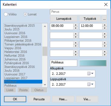 Kalenterikaaviossa punaisena näkyvät päivät ovat vapaata ja vihreät oletusta pidempiä työaikoja. Vaalean punainen on lyhennettyä työaikaa.