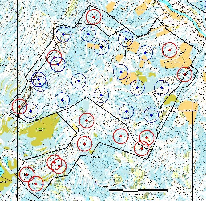 Siniset voimalapaikat olivat tiedossa keväällä 212, punaiset ovat muutoksia kesäkuussa 212.. Kuva 6-5. Isoneva.