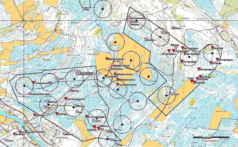 Metsäkanalintujen soidinpaikat on salattu ja aineisto on vain viranomaisten käytössä. Kuva 6-16. Metsäkanalintujen soidinalueet Vartinojan ja Isonevan alueella. Kuva 6-17.