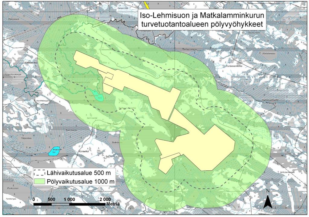 Iso-Lehmisuon ja Matkalamminkurun turvetuotantoalueen YVA-selostus 102(122) maastonmuodot ja kasvillisuus suojaavat jossain määrin asutusta pölyltä: harjanteet ja metsät vähentävät pölyn leviämistä.