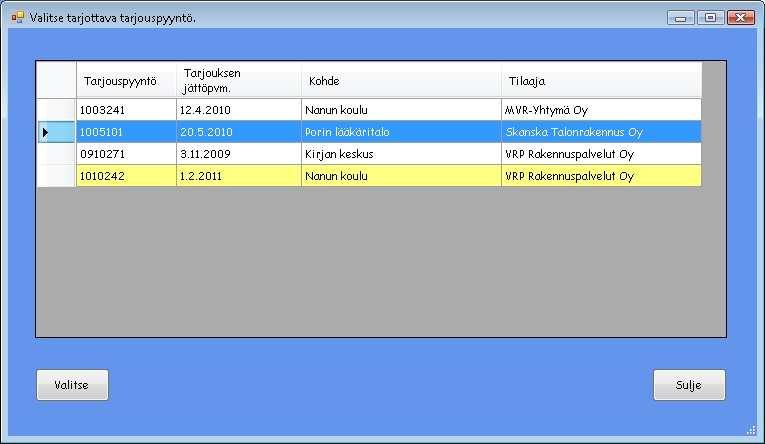 25 4.2.2.7 Valitse tarjottava tarjouspyyntö -lomake Kuva 22.