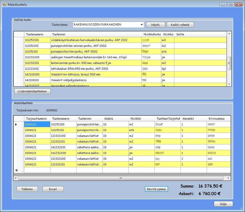 27 4.2.2.9 Määräluettelo-lomake Kuva 24. Määräluettelo-lomake Kuvassa 24 näkyvä Määräluettelo-lomake koostuu kahdesta DataGridView komponentilla varustetusta osasta.