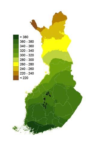 35 5.4.3 Kohteiden sijoittuminen sadesummakartalle Kartalla kohteet on sijoitettu vuosien 1981-2010 keskimääräisen sadesumman vyöhykkeille.