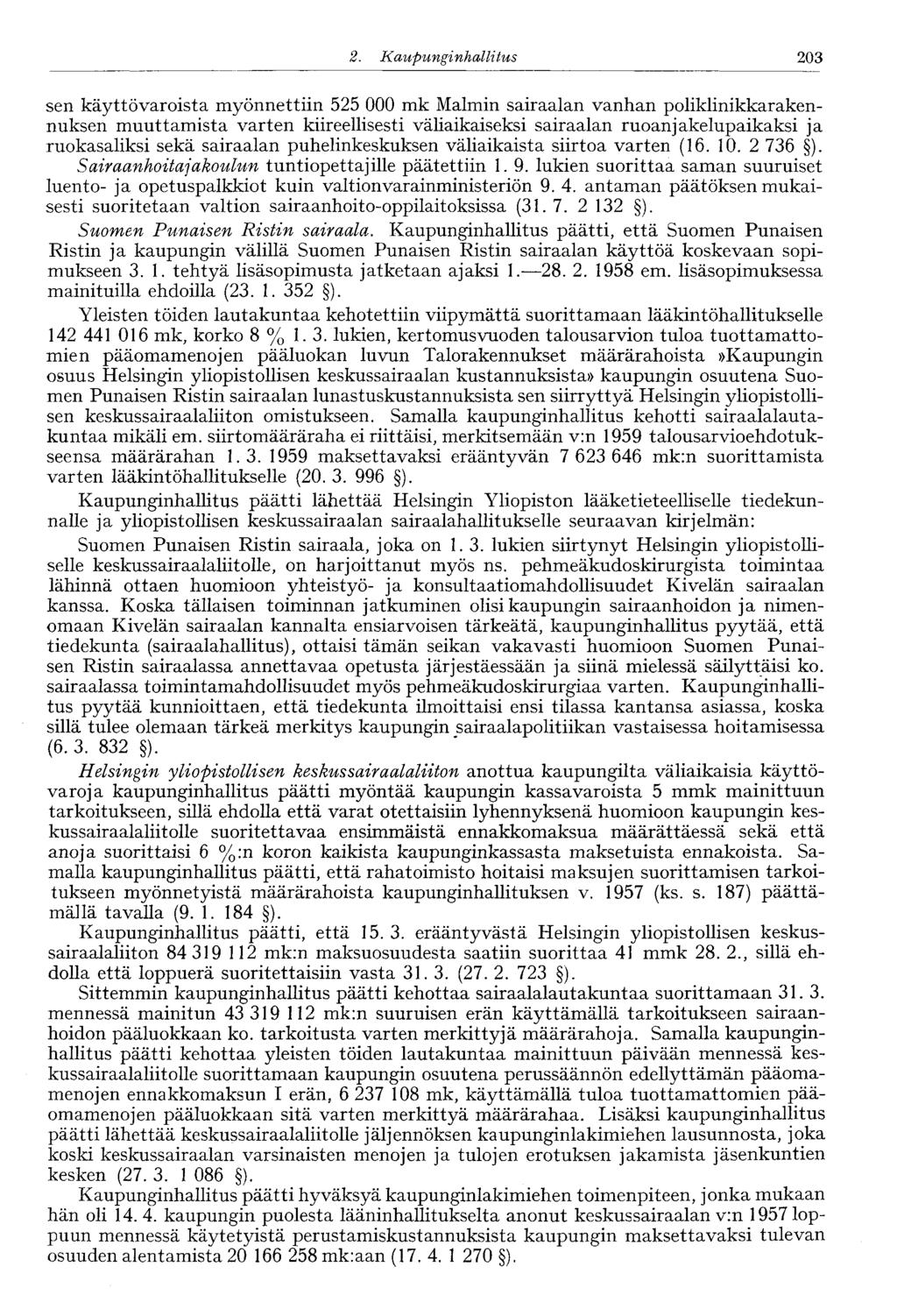 2. Kaupunginhallitus 203' sen käyttövaroista myönnettiin 525 000 mk Malmin sairaalan vanhan poliklinikkarakennuksen muuttamista varten kiireellisesti väliaikaiseksi sairaalan ruoan jakelupaikaksi ja