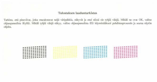 6 Tulostusldun trkistminen d Nestekidenäytössä kysytään, onko mustn j väritulostuksen ltu OK. Pin 1 (Kyllä) ti 2 (Ei) vlintnäppäimillä. Must OK?