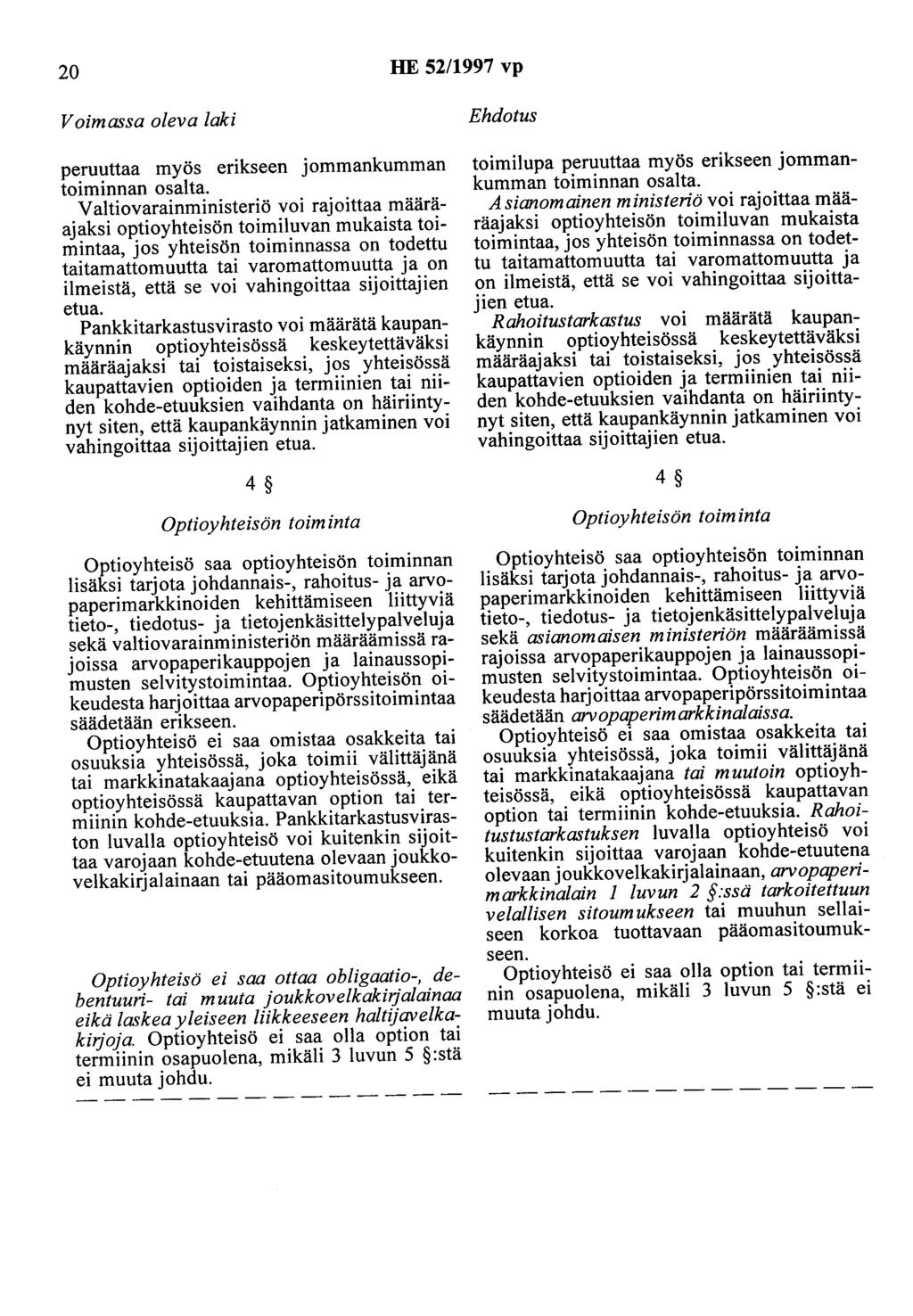 20 HE 52/1997 vp Voimassa oleva laki peruuttaa myös erikseen jommankumman toiminnan osalta.
