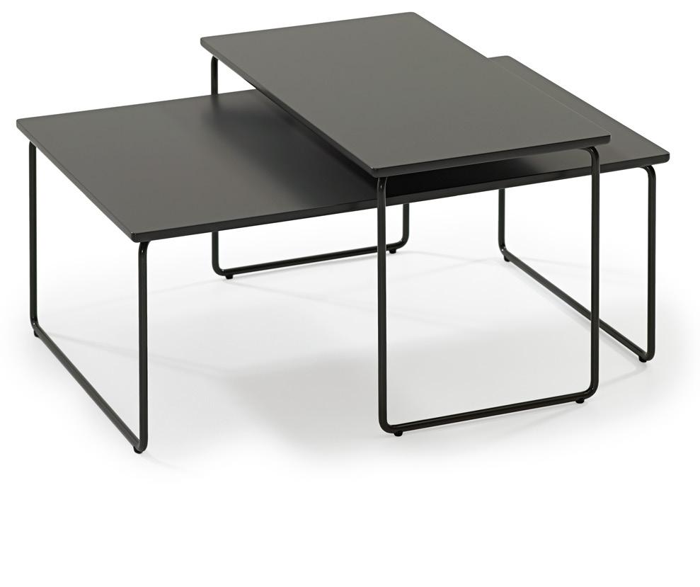 Band table series consists of two round and two rectangular pieces of two different heights.
