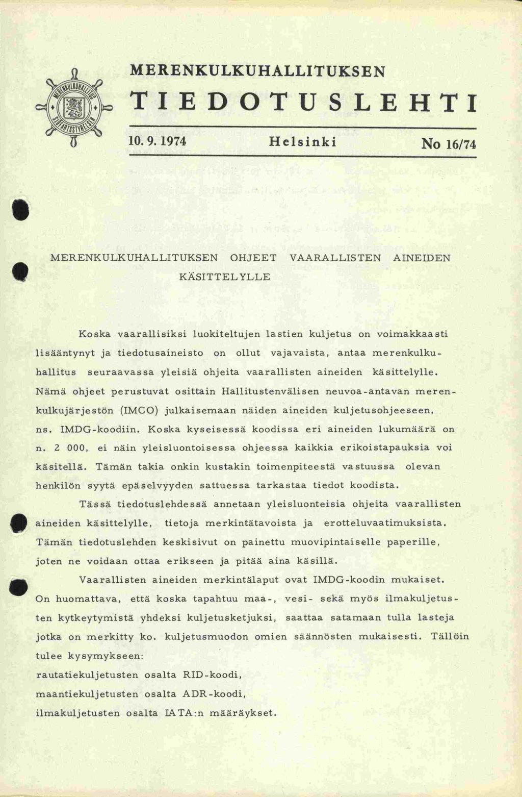 MERENKULKUHALLITUKSEN TIEDOTUSLEHTI 10.9.