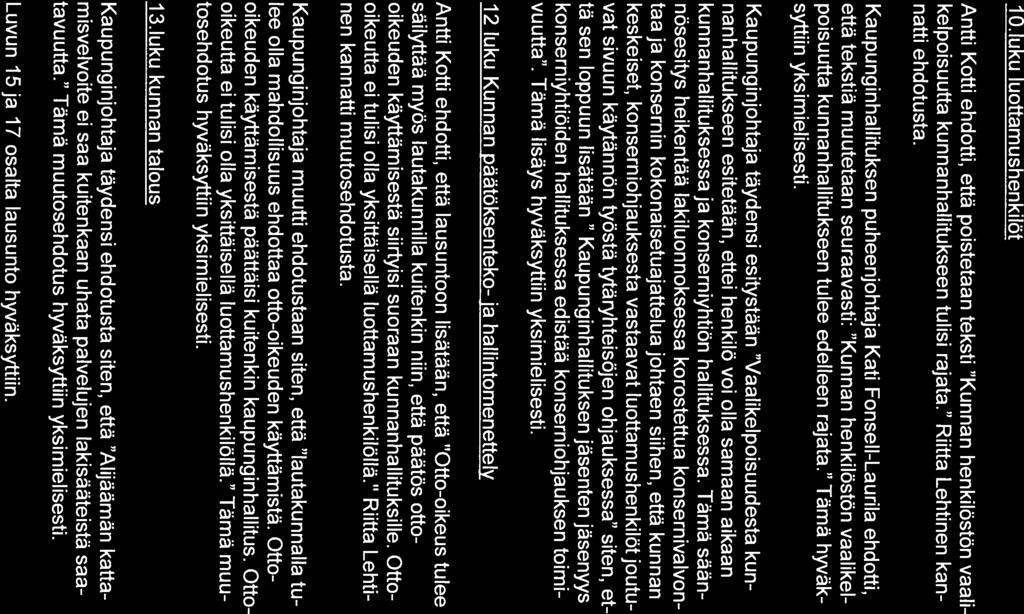 Kaupunginhallitus 18.8.2014 5 Puheenjohtaja tiedusteli voidaanko asiassa ona yksimiehsia. Kau punginhallitus oh muutoksesta yksimielinen. Luvun 6 ja 7 osalta lausunto hyvaksyttiin. 10.