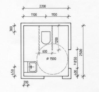 Esteettömän wc-tilan mitoitusperiaatteet Esteettömässä wc-tilassa tulee olla vapaata tilaa pyörätuolin kääntymiseen tarvittava halkaisijaltaan 1500 mm:n suuruinen ympyrä.